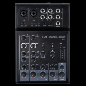 MIXER STRUMENTALE DAP AUDIO GIG-62 A 6 CANALI CON 2 INGRESSI STEREO E 2 MONO, INCLUDA ALIMENTAZIONE PHANTOM +48 V 